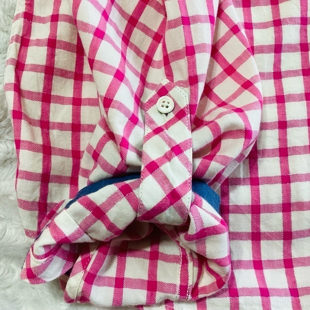 Talbots Pink White Gingham Checkered Metallic Button Up Top Shirt M Cotton - Picture 8 of 11